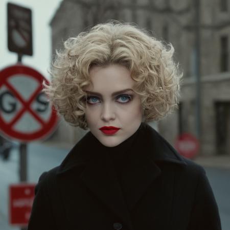 cinematic film still of  <lora:Catwoman 1992:1>
selina kyle a short curly hair woman with a black coat and a red stop sign tim burton style,1girl,solo,looking at viewer,short hair,blue eyes,blonde hair,closed mouth,upper body,blurry,lips,blurry background,curly hair,realistic, shallow depth of field, vignette, highly detailed, high budget, bokeh, cinemascope, moody, epic, gorgeous, film grain, grainy