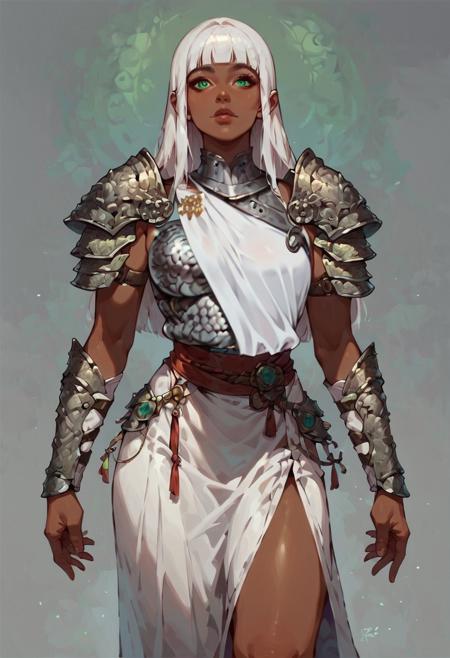 score_9, score_8_up, score_7_up, selûne, solo, 1girl, dark skin, long hair, white hair, blunt bangs, bangs, light green eyes, white garments, armored dress, sash across chest, shoulder armor, looking at viewer, semi realistic, cowboy shot,
