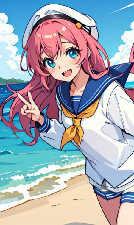 masterpiece, best quality, girl, light blush, white colored eyelashes, sailor suite, serafuku, waving, five fingers, show hand, in summer, on the beach, sea, 
(thick outline), flat color

(I don't know why Civitai mark this one as "txt2img+hires", this is a "before hires" one)