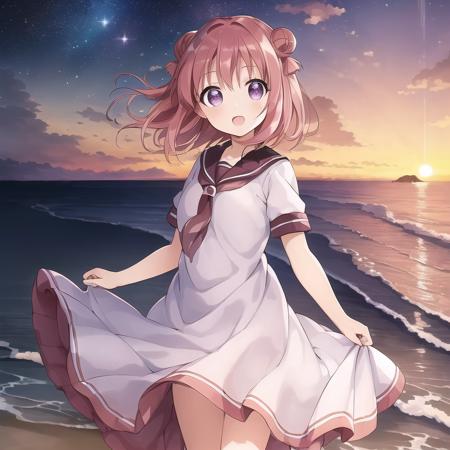 ((masterpiece)),(((bestquality))),(highly detailed, fine details),((illustration)), ((beautiful)), {{akari feature}}, <lora:akari_bp:0.8>, serafuku, purple eyes, short hair, look back at viewer, arms behind back, standing, seaside, sunset, starry sky,  open mouth