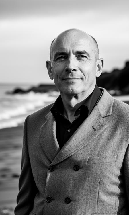 b&w photo of 42 y.o man in black clothes, bald, face, half body, body, high detailed skin, skin pores, coastline, overcast weather, wind, waves, 8k uhd, dslr, soft lighting, high quality, film grain, Fujifilm XT3