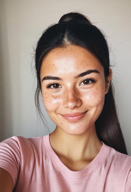 instagram selfie , a 23 year old gorgeous woman , slight smile , beautiful smile, detailed skin face and eyes , natural lighting , at home , long hair, pony tail, pink t-shirt with flowers , film grain, low contrast, natural face , freckles , black hair , brown eyes, dark circles under eyes, slim breasts, round breasts, sun