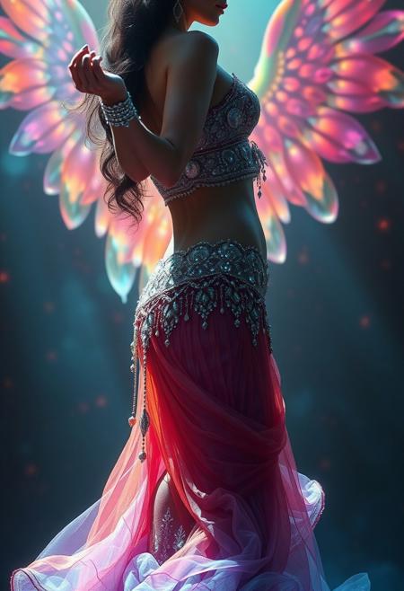 ethereal fantasy concept art of haute couture display of Upper body of a woman, with bollow hourglass figure, facing at viewer, dancing.
 <lora:HaremOutfit_v1.0_flux:0.8> belly dancer heram outfit,
 85mm lens, f/2.2, vibrant colors, dramatic lighting . magnificent, celestial, ethereal, painterly, epic, majestic, magical, fantasy art, cover art, dreamy