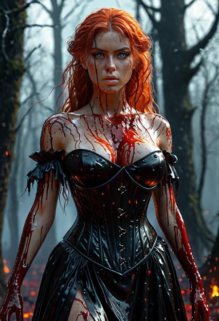 High resolution ultra-realistic of Beautiful Dark Fire Witch, Intricately designed gothic black dress with corset, (standing on a bloody and stormy dark forest in epic bloody Halloween: 1.5), fighting pose, wavy red hair, nice dirty pale face, dark fantasy, fireball, oily skin, full body, firm athletic body and figure, beautiful blue eyes, 8k, ultra realistic, hyper realistic, highly detailed, curves, beautiful perfect close-up pupils, daylight, high contrast, colorful polychromatic, Beautiful Dark Fire Witch, beautiful firm Breasts, defiant and seductive, wet oily shiny skin, ultra detailed, (Intricately Designed dirty face: 1.3), Cinematic clorful lighting, realistic body and face, Photograph Taken on Nikon D750, Intricate, Elegant, Digital Illustration, Scenic, Hyper-Realistic, Unreal Engine, CryEngine, Octane Render, Artgerm, WLOP, Greg Rutkowski, 8k ultra high resolution concept art, hyper-defined, sharp focus, echoing, (hyperdetailed body and face: 1.3), Atrractive, Atrractive 21 years old woman, attractive bust girl, asymmetric balance