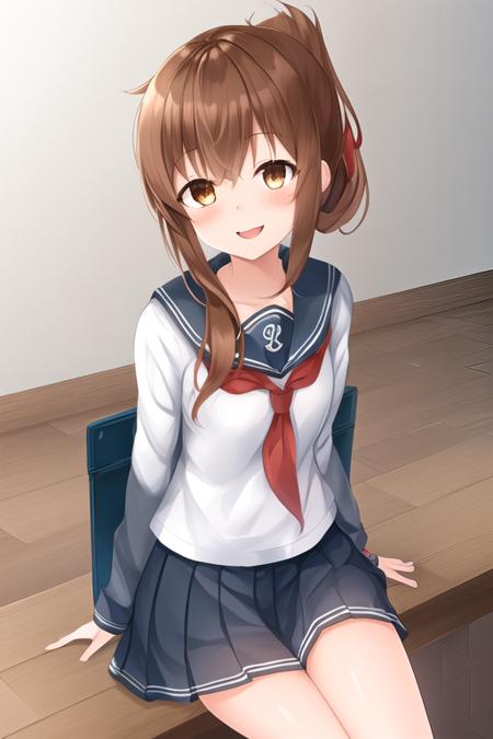 masterpiece, best quality, highres, solo, {inazuma_kantaicollection:1.10}, brown_hair, folded_ponytail, brown_eyes, serafuku, long_hair, blush, smile, open_mouth