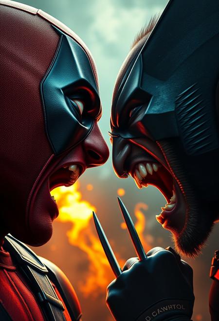 Deadpool and Wolverine screaming at each other, face closeup, chaos, apocalyptic, movie poster style, cinematic lighting