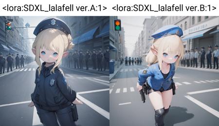 lalafell, (1girl:1.2), solo,  
blonde hair, blue eyes, police, police uniform, police hat, 
street, traffic light, <lora:SDXL_lalafell ver.A:1>, looking at viewer, open clothes, leaning_forward, pants,