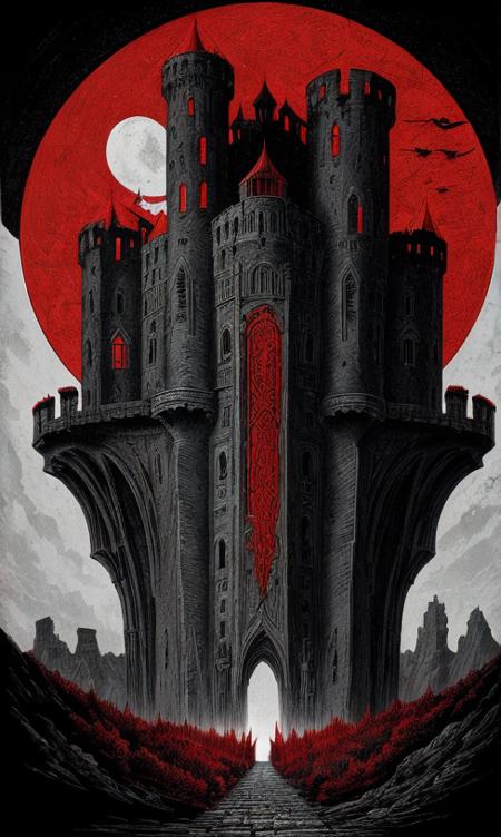 Ruined  dramatic castle, black red colors illustration by Aaron Horkey detailed, 8k, quality, artstation, Intricate Details 