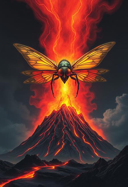 a cosmic horror emerging from a volcano, the creature has a head as if of a fly, butterfly wings