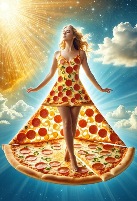 A goddess floating with a dress made of pizza slices, golden celestial light reflecting on the melted cheese, ethereal background with clouds and rays of light, pizzasdx