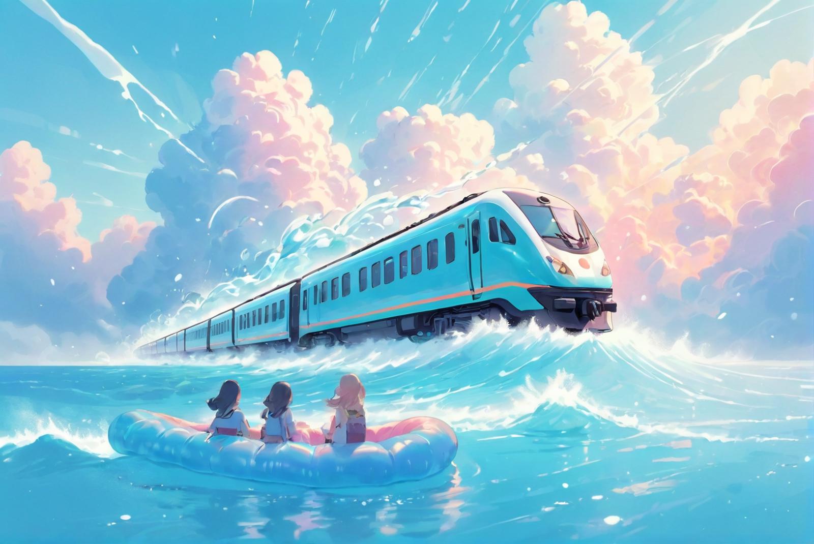 Three Girls Riding On A Raft In The Water As A Train Passes By