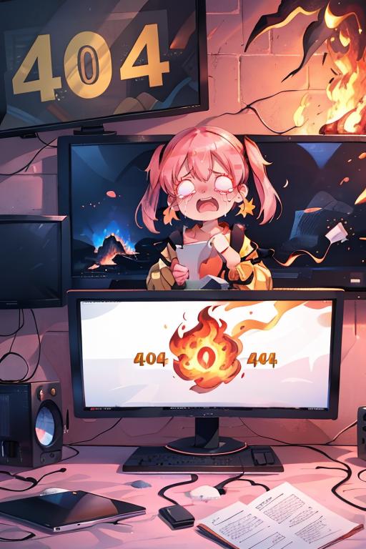 An anime girl with a paper in her hand, in front of a computer screen with a fire on it.