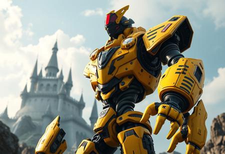 Highly detailed Ancient Gear Dark Golem robot, yellow and black armor, red and black visor, striped plating, yellow articulated limbs, confident powerful stance, centered composition. Standing near a detailed Cloudcastle backdrop. Poised for epic adventure, anticipation, dramatic volumetric lighting, creative dynamic angle. Cinematic, 4K, photorealistic, Octane Render, Unreal Engine 5, CGSociety, trending on Artstation, Golden Ratio.