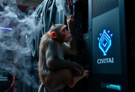 Monkey disguised as Developers hard at work bringing GPU server back to life, smoke coming out server rack, CivitAI logo on the server rack side