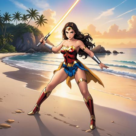 anime artwork Wonder Woman, holding a lightsaber on an island beach. Golden hour. Full body shot. Dynamic action shot, . anime style, key visual, vibrant, studio anime,  highly detailed