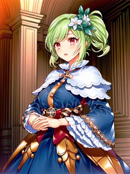 ujou,green hair, one side up, hair ornament, blue dress, long skirt, wide sleeves, long sleeves,white capelet,