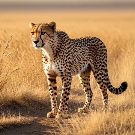 Design a stunning, 
hyper-realistic scene of a cheetah in its natural habitat. Capture the sleek, 
powerful form of the cheetah as it runs through the wild, 
its muscles rippling beneath its spotted coat. The setting should evoke the vast, 
untamed beauty of the savanna, 
with tall grasses swaying in the wind and a distant horizon under a sunlit sky. The cheetah should be the focal point, 
exuding both grace and intensity, 
ready to spring into action. The overall atmosphere should convey the raw, 
untamed energy of the wild, 
highlighting the cheetah's speed and elegance in its natural environment.