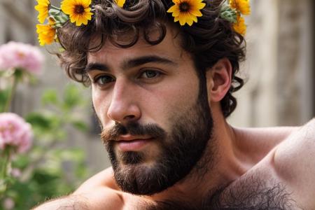 A close-up photo of a handsome hairy chested fit italian man, flowers, looking the viewer