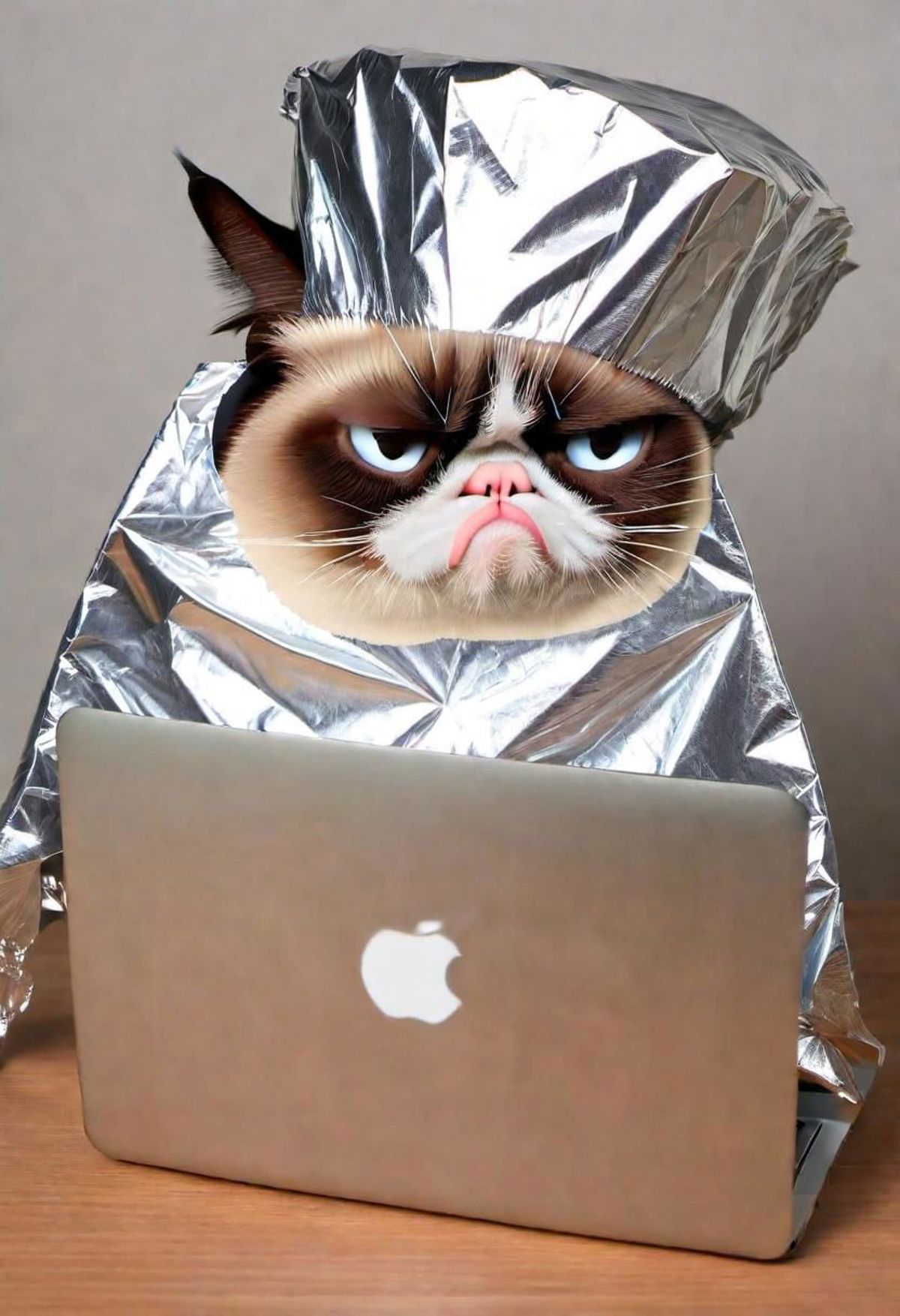 A Grumpy Cat in Aluminum Foil and a Laptop
