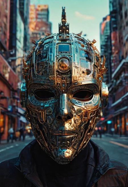 Visualize a futuristic mask, symbolizing online community in the style of incorporate elements that evoke a sense of building with a large spaceship complex, elegant, expansive, fantastical, film photography style, heavy grain
