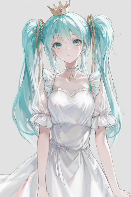 high quality, best quality, by rsef, 1girl, solo, hatsune miku, white background, long hair, twintails, looking at viewer, jewelry, simple background, upper body, aqua hair, parted lips, dress, aqua eyes, crown, blush, bangs, white dress, short sleeves, <lora:rsef:1>