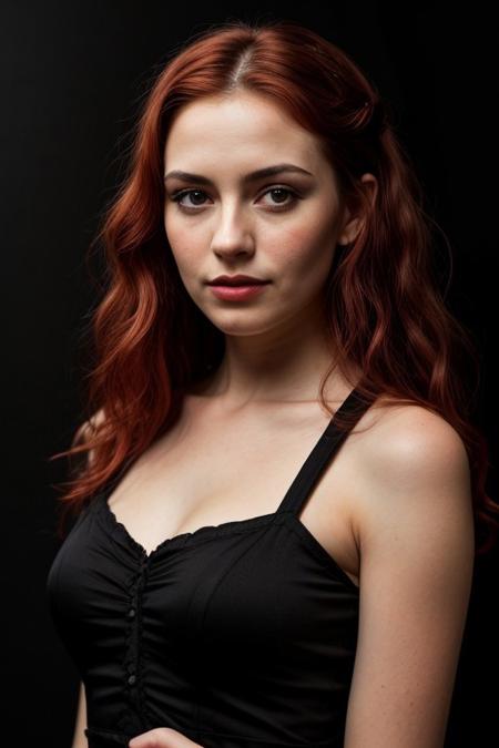 ((pitch black background)), photorealistic, perfect face, beautiful 35 year old sporty woman with curly red hair as a long braid, very elegant victorian evening gown, lost in dark romantic dreams, cute pouting, holding her head a bit down, emo style, strong freckles, very strong eyeliner, slightly diagonal from the side
