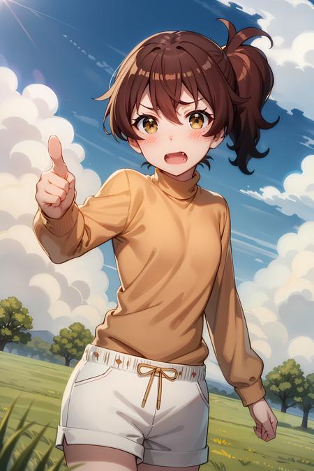 best quality, masterpiece, detailed,
<lora:ImoutoSaeIrebaIi_HarutoImouto-000010:0.8>, HarutoImouto,
solo, open mouth, blush,
brown hair, brown eyes, side ponytail, fang,
turtleneck, orange sweater, white shorts,
standing, pointing at viewer, looking at viewer,
outdoors, sky, grass, clouds