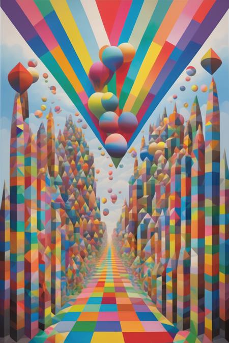 <lora:Okuda San Miguel Style:1>Okuda San Miguel Style - In the style of trippy psychedelic art, a dreamlike landscape, Oil painting by Okuda San Miguel, Rainbow geometric patterns, 3D low poly style, Pointillism, Essence of street forms, Geometric structures and multicolored prints, Colorful, High Detail, Symmetry