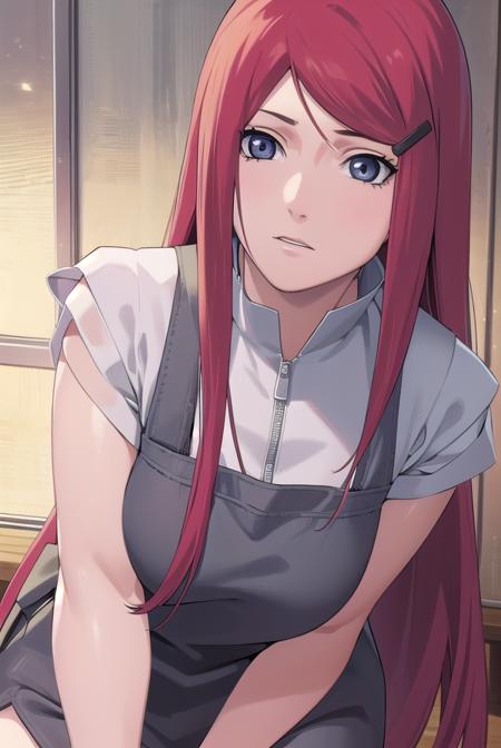 kushina, long hair, hair ornament, red hair, hairclip, (grey eyes:1.5), shirt, dress, jewelry, white shirt, short sleeves, apron, bracelet, green apron, collar,