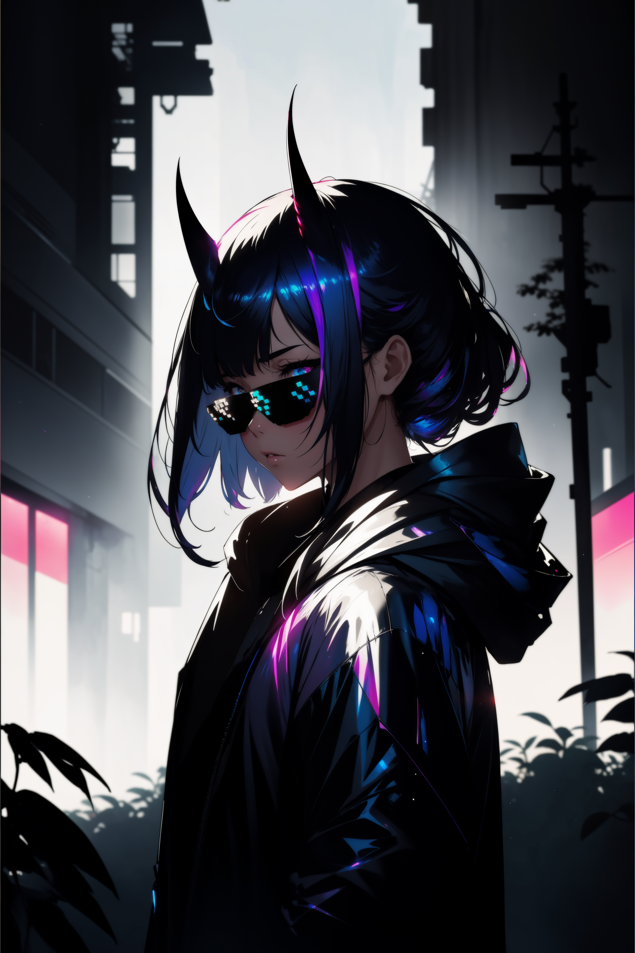 1girl,solo, glowing, DealWithIt, sunglasses, (small short oni horns), electric, jacket, upper body, clean hair, hood, whit...