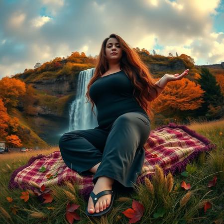 Scottish chubby long hair wide hips  black yoga jumpsuit lays on blanket sandals meadow (vibrant autumn landscape photo:1.4), (dramatic lighting:1.2), (rich colors:1.2), (high contrast:1.2), dynamic sky, intricate details, natural light, wide-angle, cascading waterfalls, vibrant foliage, soft shadows, 24mm lens, f/5.6, atmospheric, serene, evocative, majestic, textured, scenic