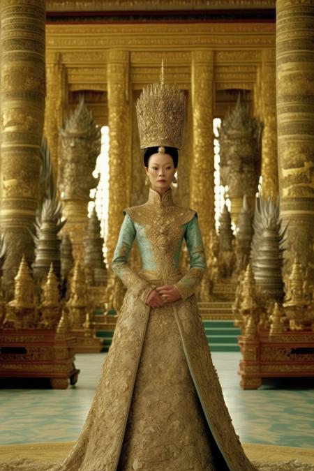 <lora:Director Nicolas Winding Refn style:1>Director Nicolas Winding Refn style - A cinematic scene, detailed photograph from the fictional -winning historical drama 'House of Flying Daggers'. The close-up image captures a Cambodian king in his royal attire, standing in the grand hall of her ancient palace. The intricate details of her costume and the grandeur of the palace create a visually striking image that showcases the film's meticulous attention to historical accuracy and the stunning costume design that won at the