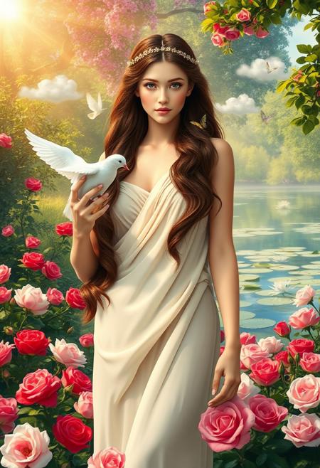 Aphrodite standing in a lush, divine garden surrounded by blooming roses in shades of red, pink, and white. She wears a soft, flowing ivory tunic that drapes loosely over her perfect skin. Her long chestnut hair cascades over her shoulders, held by a golden tiara adorned with small sparkling gemstones. Aphrodite holds a dove gently in one hand, symbolizing love and purity. Her serene face radiates calm and divine beauty, with a subtle, mysterious smile. The garden is full of vibrant flowers, and in the background, a tranquil pond shimmers with floating lilies. Sunlight filters through the trees, casting the scene in a warm, golden glow. Soft clouds and butterflies hover nearby, while a gentle breeze rustles the leaves, completing this celebration of love and nature.