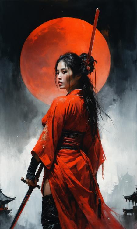 cinematic still Luis royo style, acrylic paint and spray paint, 8K, rule of thirds, intricate, dark lighting, Flickr, well focused, atmospheric, dramatic, very detailed, 1 girl, 20yo, make-up,very beautiful, make-up, reflection,low angle,sword reflection,samurai,long hair,kimono,strapless,traditional architecture,night,(red moon:1.1),(fog:1.4),(silhouette:0.8) ,(expressionless:1.3),(ghost:1.1),red fire,,fantasy, high contrast, ink strokes, explosions, overexposure, orange and red tone print, abstract, ((watercolour painted by John Berkey and Jeremy Mann )) brush strokes, negative space, detailed face, perfect face, cleavage, solitary focus, (close up:2) . emotional, harmonious, vignette, 4k epic detailed, shot on kodak, 35mm photo, sharp focus, high budget, cinemascope, moody, epic, gorgeous, film grain, grainy, Luis royo style, acrylic paint and spray paint, 8K, rule of thirds, intricate, dark lighting, Flickr, well focused, atmospheric, dramatic, very detailed, 1 girl, 20yo, make-up,very beautiful, make-up, reflection,low angle,sword reflection,samurai,long hair,kimono,strapless,traditional architecture,night,(red moon:1.1),(fog:1.4),(silhouette:0.8),(expressionless:1.3),(ghost:1.1),red fire,,fantasy, high contrast, ink strokes, explosions, overexposure, orange and red tone print, abstract, ((watercolour painted by John Berkey and Jeremy Mann )) brush strokes, negative space, detailed face, perfect face, cleavage, solitary focus, (close up:2), exquisite detail, extremely complex, cinematic, stunning, ambient light, glowing, rich colors, amazing fine atmosphere, full bright colorful vivid great artistic, positive, wonderful aesthetic, pure, tender, cute, engaging, creative