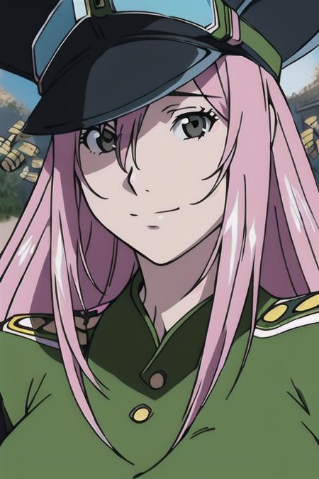 masterpiece,best quality,ultra-detailed,(perfect face, detailed face),1girl,solo,long hair,breasts,grey eyes,medium breasts,pink hair,(cosmic :1.1),(military uniform :1.2),(Pretending to run from a swarm of bees :1.2),(withdrawn face),<lora:Shimuka _ Simca-000017:0.9>,