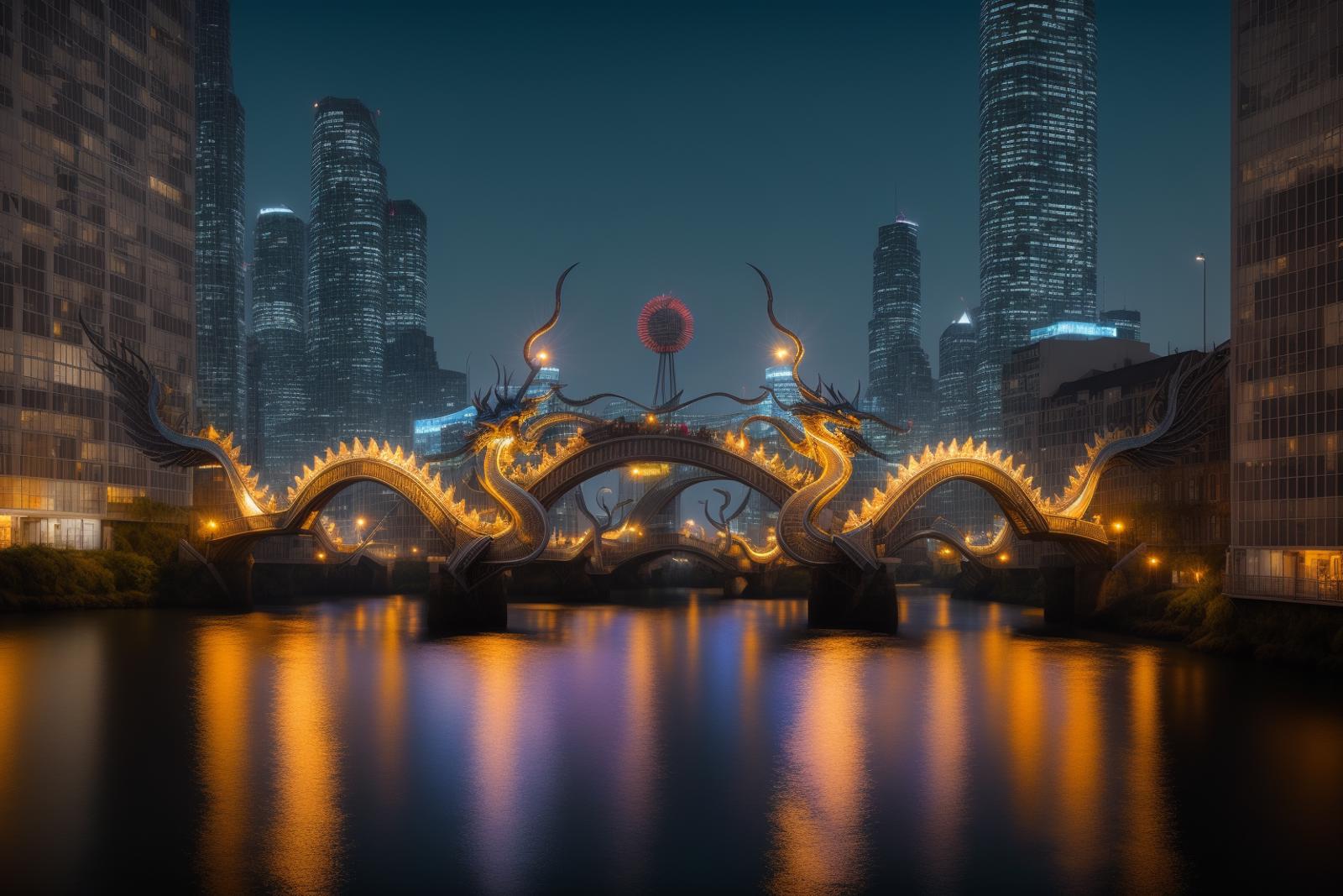 Illuminated Dragon Bridge in a City at Night