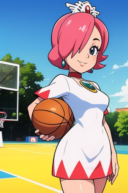 beautiful,  masterpiece,  best quality,  solo,  1girl,  high resolution,  great detail,  best quality,  solo,  smile,  sunny,  basketball court background,  sportsmage,  pink hair,  short hair,  hair over left eye,  white dress,  tiara,  red heels, sportsmage, pink hair, white dress,<lora:EMS-258201-EMS:0.800000>