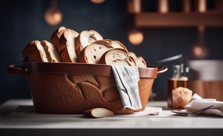 a beautiful bucket filled bread in the ktichen, product photo, ad shot, intricate details, cinematic style