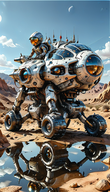 (robot, science fiction, mecha, mountain, 1boy, moon, cloud, sky, ground vehicle, 1other, sun, reflection, spacesuit, outdoors, helmet, spacecraft, motor vehicle, non-humanoid robot, scenery, desert, wheeled vehicle, Walking vehicle, Traction City)
(ultra sharp focus:2), (detailed windows:2), (thin lines:2), (reflections:2), (best quality:1.8),
<lora:Apparatus_-_Traction_City_Walkers_Vehicles:0.8>