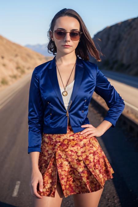 A stunning intricate full color portrait of a woman,wearing a skirt, open jacket, having fun, epic character composition,by ilya kuvshinov, alessio albi, nina masic,sharp focus, natural lighting, subsurface scattering, f2, 35mm, film grain, portait, closeup, very detailed skin texture,sunglasses<lora:LucidLavender:1>