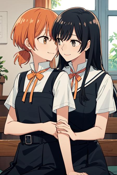 multiple girls, 2girls, two girls, yuri, lesbian, couple,
BREAK multiple girls, 2girls, two girls, yuri, lesbian, couple, smile, <lora:やがて君になるC:0.5>, (brown eyes, orange hair, short twintails, low twintails:1.4), flat chest, small breasts, school uniform, white sailor collar, black dress, (pinafore dress:1.4), belt, white shirt, short sleeves, white sleeves, yellow bow, yellow ribbon, 
BREAK multiple girls, 2girls, two girls, yuri, lesbian, couple, smile, <lora:やがて君になるC:0.5>, (black hair, bangs, long hair, gray eyes:1.4), large breasts, school uniform, white sailor collar, black dress, (pinafore dress:1.4), belt, white shirt, short sleeves, white sleeves, red bow, red ribbon,