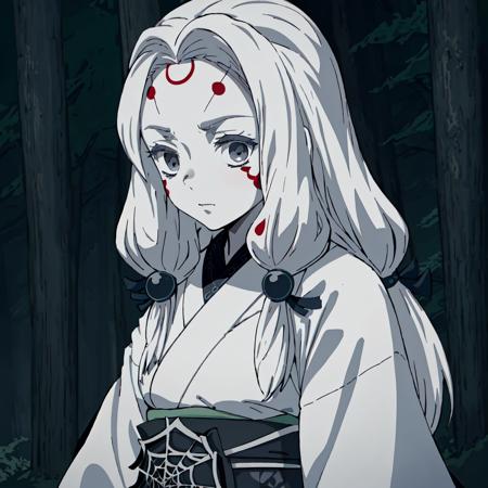 Spider_Demon_Daughter, 1girl, solo, long hair,hair ornament, white hair, japanese clothes, wide sleeves, white kimono, grey eyes, facial mark, silk, spider web print, sandals