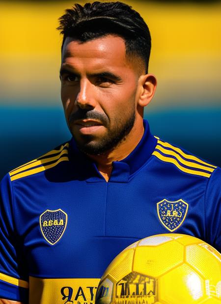 portrait of sks man (tevez:1), serious look with very short hair, football jersey with blue and yellow colors, holding a (soccer ball:1.3), (outdoors:1.2), natural lighting, 4k, 8k, 8k realistic, sharp focus, intricate, high resolution  <lora:tevez:1>