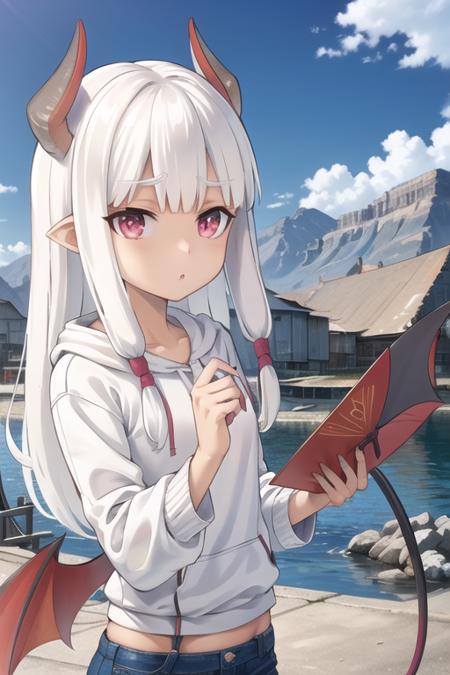 long hair, demon girl, 1girl, rumi, white hair