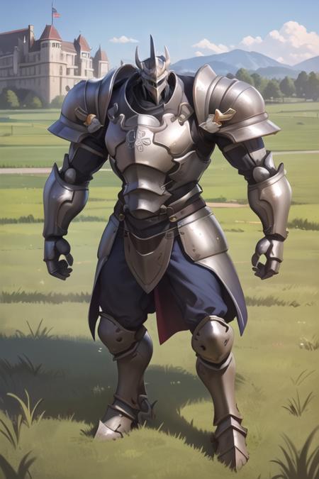 reinhardt, helmet, ((medieval knight armor)), sunlight, green grass field, medieval castle in background, <lora:reinhardtOverwatchLORA_LoCon:0.5>, best quality