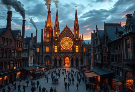 A bustling European city inspired by Victorian-era industrial architecture. Intricate ironwork, soot-covered stone facades, and towering chimneys spew smoke over the busy cobblestone streets filled with mechanized carriages and bustling crowds. At the city's heart stands a grand fantasy cathedral dedicated to the God of the Eternal Blazing Sun. Its radiant golden spires rise toward the sky, while stained glass windows depict celestial scenes, casting divine light across the square.
The cathedral’s gothic arches and sun symbols glow with an ethereal energy. The central sun disk hovers, radiating warm light, a stark contrast to the surrounding dark, soot-covered buildings. The city’s gas lamps flicker against the rough stone, while the cathedral glows with divine radiance. The mix of industrial grit and divine beauty creates a striking atmosphere as the city comes alive beneath the dramatic evening sky.
As dusk falls, the celestial aura intensifies, casting long shadows, while distant bells chime, summoning worshippers toward the golden-lit pathways of the cathedral. Ultra-realistic, 32k, Masterpiece, High Quality, with High Detailed Skin and Realistic Lighting, capturing the beautiful, intricate background in stunning detail. Official art, emphasizing epic, detailed realism.
(Ultra Realistic:1.0), 32k, (Masterpiece:1.0), (High Detailed Skin:1.0), (High Quality:1.0), (Detailed Realistic Background:1.3), (Official Art, Beautiful:1.2), (Realistic Lighting:1.0).