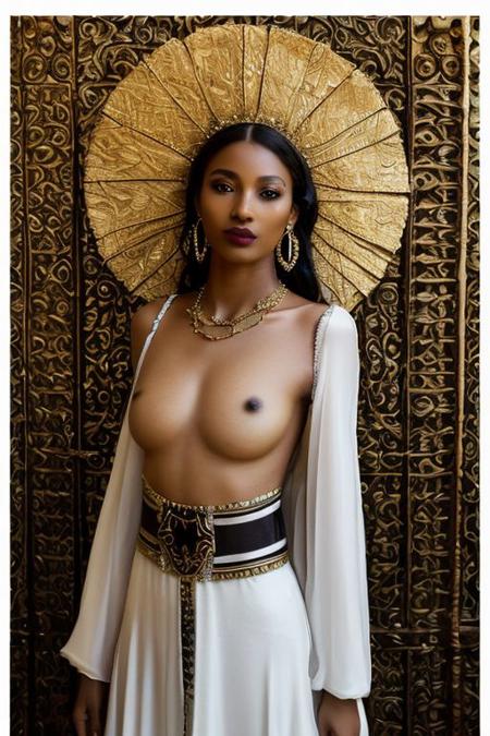 (style of [Ilya Kuvshinov:Alessio Albi:0.5]:1.5) (friendly endearing expression, cinematic establishing shot:1.2), (Layered Depth, Soft focus foreground:1.2), (bare breasts:1.5), [[[SkinDetail HairDetail]]] [Nubian:West African:0.5] theme, a majestic 18yo Nubian girl standing proudly in a vibrant West African setting, adorned in ((luxurious traditional attire)), floor-length gown rich in geometric patterns and bold colors, wide sleeves, intricately beaded bodice, layered necklaces made of gold and precious stones, a headwrap with elaborate folds, showcasing the richness of West African textiles, her skin glowing, adorned with subtle traditional face paint highlighting her features, gold hoop earrings, her posture regal, a blend of cultural heritage and contemporary elegance, the background a lively market scene, colorful stalls displaying an array of fabrics and crafts, warm, golden sunlight casting long shadows, creating a harmonious interplay of light and color, a bustling atmosphere yet she remains the undoubted focal point, her gaze powerful and serene, embodying the essence of Nubian grace and West African vibrance