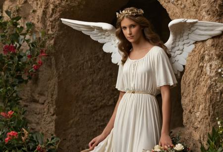 Gorgeous beautiful pretty guardian angel guarding Jesus christ buried tomb