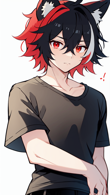 1 boy,  genderless,  solo,  upper body,  closed mouth,  animal ear fluff,  animal ears,  fox ears,  hair between eyes,  short hair,  tshirt,  black pants,  red eyes,  two tone hair,  streaked hair,  red hair,  black hair,