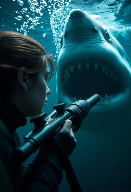 UHD 32k underwater cinematic Horror movie still, beautiful determined woman wearing wetsuit holding Mini Speargun D-5 looking at approaching scary realistic great white shark with black eyes and sharp teeth, translucent water, bubbles, night, intricate design, photorealistic, hyperrealistic, high definition, extremely detailed, cinematic, UHD, HDR, 32k, ultra hd, realistic, vivid colors, highly detailed, perfect composition, beautiful detailed intricate insanely detailed, trending on artstation, artistic photography, soft natural volumetric cinematic perfect light, Macro photography, close-up, hyper detailed, trending on artstation, sharp focus, studio photo, intricate details, highly detailed
